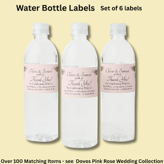 Bottle Labels, Pink Roses & Doves Water Bottle Label