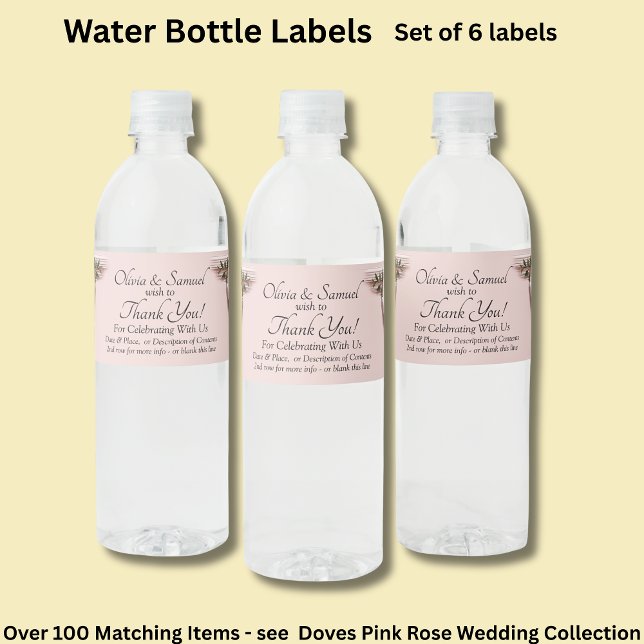 Bottle Labels, Pink Roses & Doves  Water Bottle Label (Creator Uploaded)