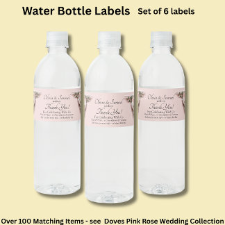 Bottle Labels, Pink Roses & Doves Water Bottle Label