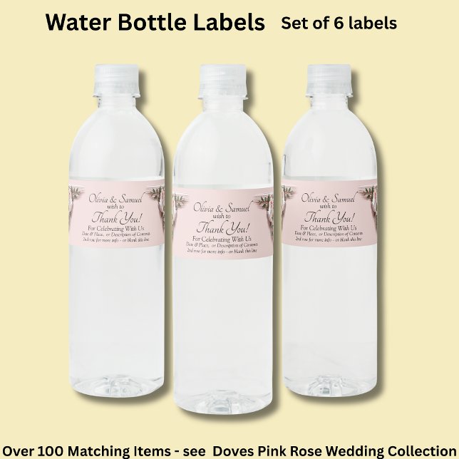Bottle Labels, Pink Roses & Doves  Water Bottle Label (Creator Uploaded)