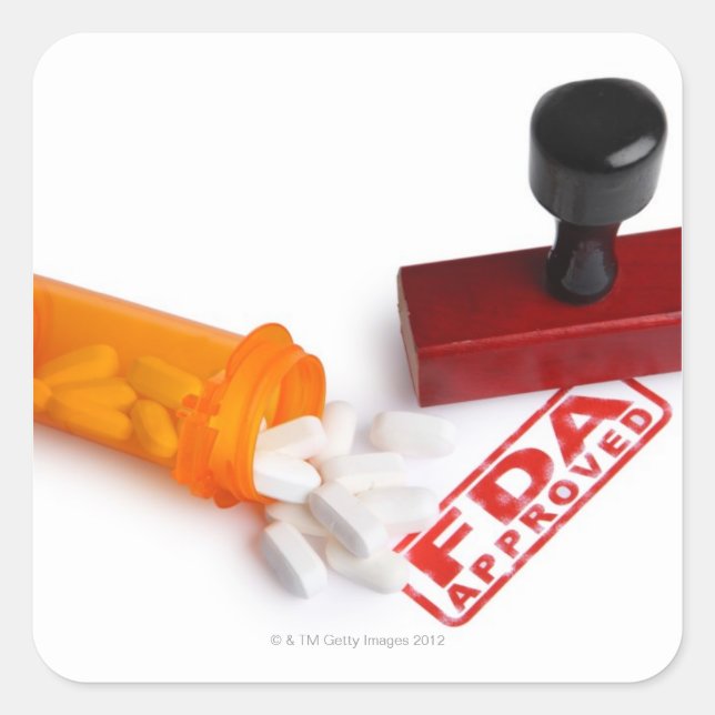 Bottle of Pills and a FDA APPROVED rubber stamp Square Sticker (Front)