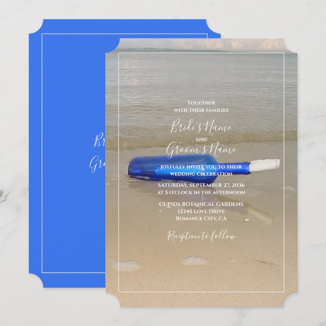 Bottle On Beach Sand Wedding Invitation (Front/Back)
