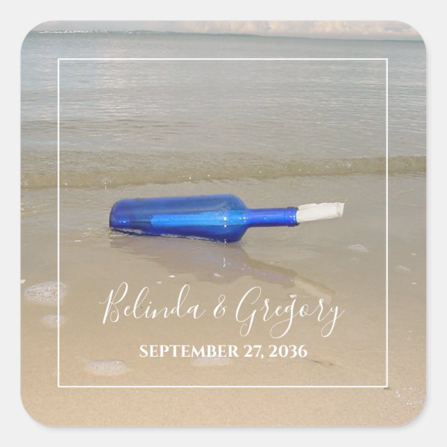 Bottle On Beach Sand Wedding Square Sticker (Front)