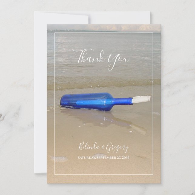 Bottle On Beach Sand Wedding Thank You Card (Front)