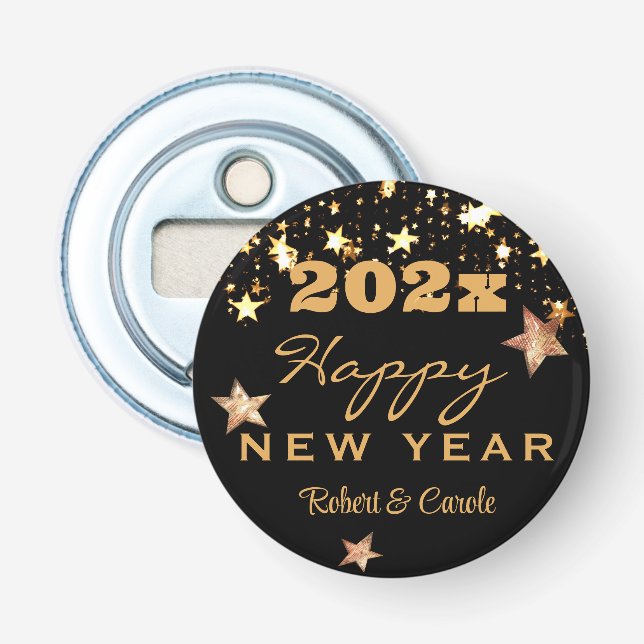 Bottle Opener Magnet, Black & Gold, Happy New Year (Front)