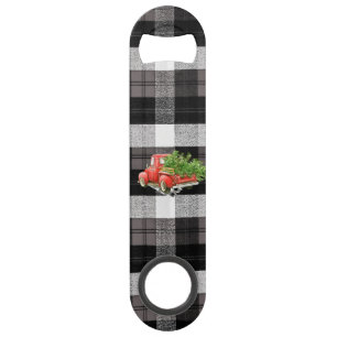 Bottle Opener XMAS Truck Baffalo Plaid Black White