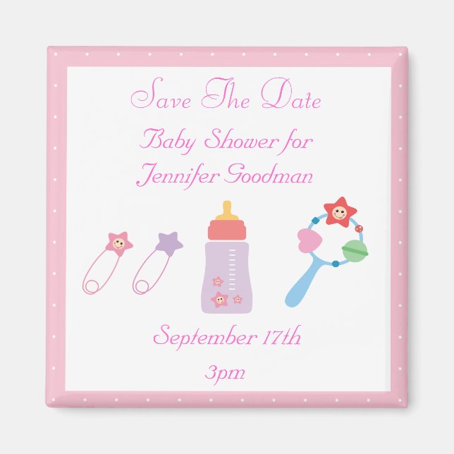 Bottle & Rattle Pink Save The Date Baby Shower Magnet (Front)