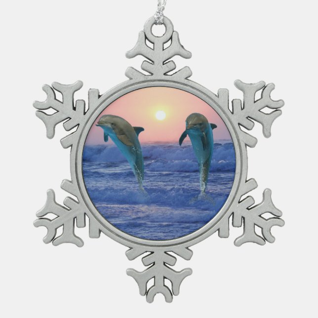 Bottlenose Dolphin at Sunrise Snowflake Pewter Christmas Ornament (Front)