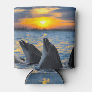 Bottlenose dolphins, sunset ocean scene. can cooler