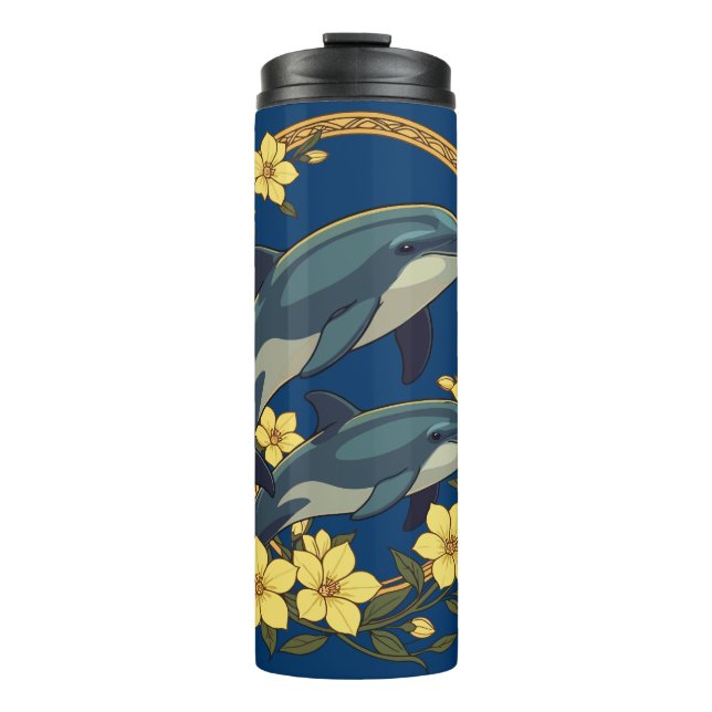 Bottlenose Dolphins With Yellow Jasmine Flowers Thermal Tumbler (Front)