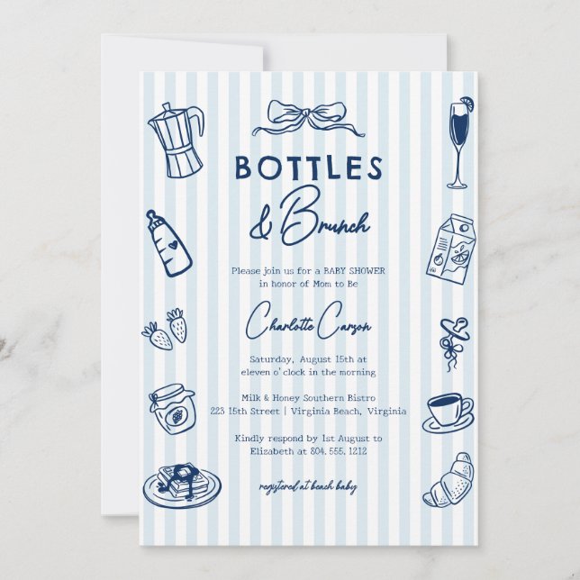 Bottles and Brunch Doodle Baby Shower Blue Striped Invitation (Front)