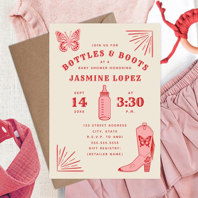 Bottles & Boots Butterfly Cowgirl Baby Shower Invitation (Creator Uploaded)