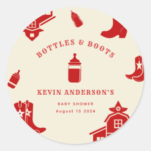 Bottles & Boots Cowboy Retro Red Baby Shower Classic Round Sticker