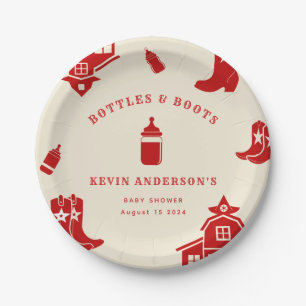 Bottles & Boots Cowboy Retro Red Baby Shower Paper Plate