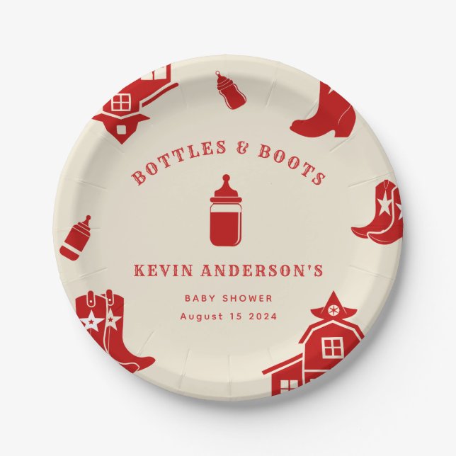 Bottles & Boots Cowboy Retro Red Baby Shower Paper Plate (Front)