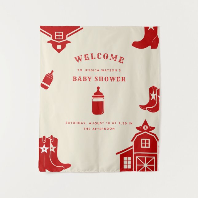 Bottles & Boots Cowboy Retro Red Baby Shower Tapestry (Front)
