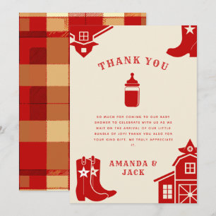 Bottles & Boots Cowboy Retro Red Baby Shower Thank You Card