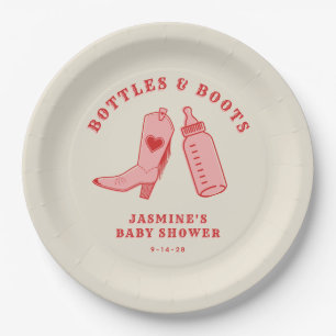 Bottles & Boots Cowgirl Western Pink Baby Shower Paper Plate