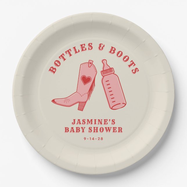Bottles & Boots Cowgirl Western Pink Baby Shower Paper Plate (Front)