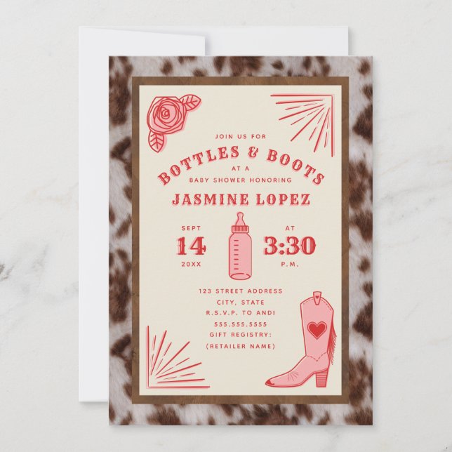 Bottles & Boots Cowhide Cowgirl Baby Shower Invitation (Front)