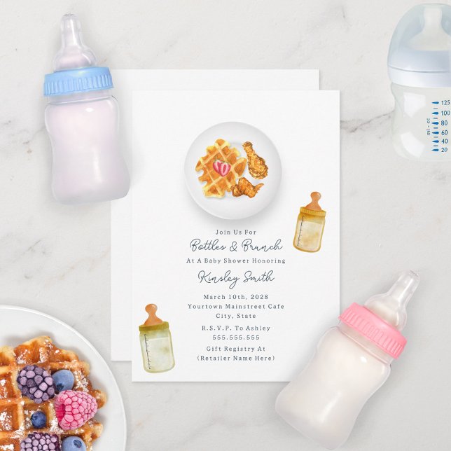 Bottles + Brunch Chicken + Waffle Baby Shower Invitation (Creator Uploaded)