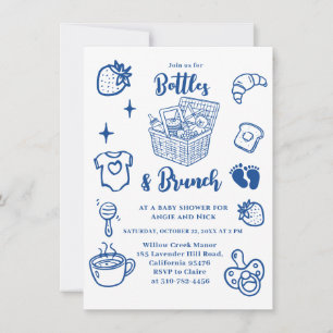 Bottles & Brunch Doodle Blue Boy Baby Shower Invitation