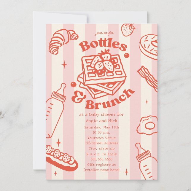 Bottles & Brunch Doodle Pink Girl Baby Shower Invitation (Front)