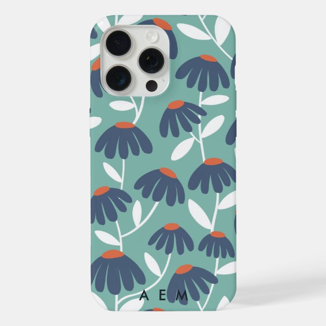 Bottom Monogram Initials Blue & Red Floral Pattern iPhone Case (Back)