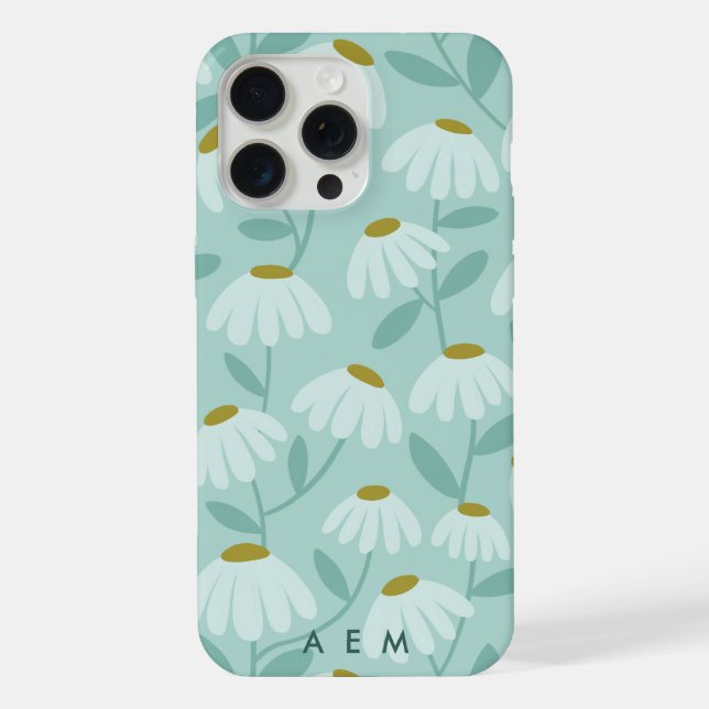 Bottom Monogram Initials Teal Blue Floral Pattern iPhone Case (Back)