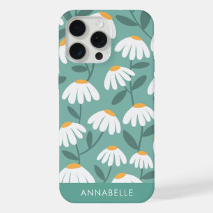Bottom Monogram Name Green & White Floral Pattern iPhone 15 Pro Max Case