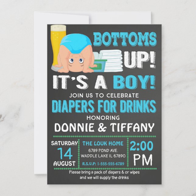 Bottoms Up Diapers for Drinks It's a Boy Invitation (Front)