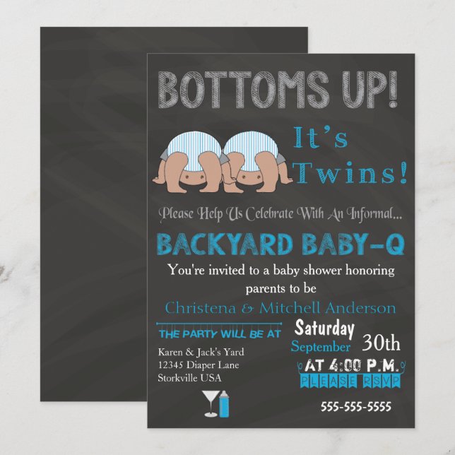 Bottoms Up Twins Baby-Q Baby Shower (BLUE) Invitation (Front/Back)