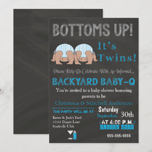 Bottoms Up Twins Baby-Q Baby Shower (BLUE) Invitation