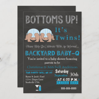 Bottoms Up Twins Baby-Q Baby Shower (BLUE) Invitation