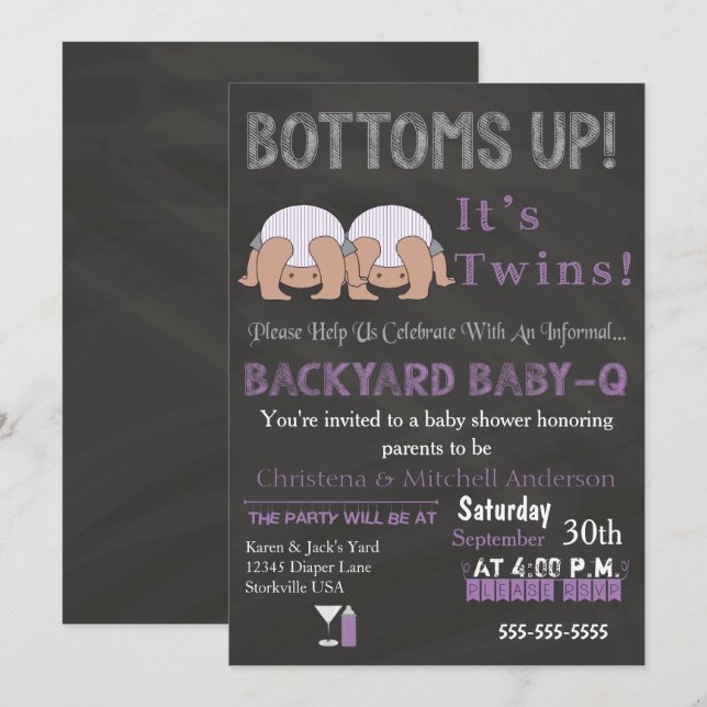 Bottoms Up Twins Baby-Q Baby Shower Invitation (Front/Back)
