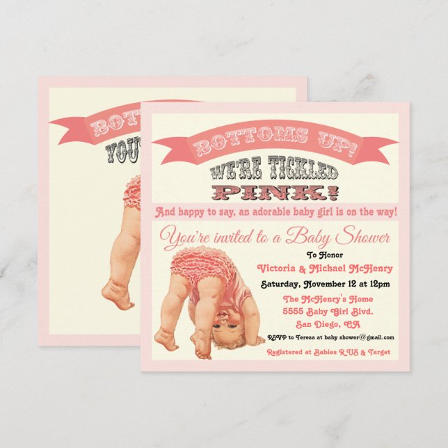 Bottom's Up Vintage Baby Girl Shower Invitations (Front/Back)