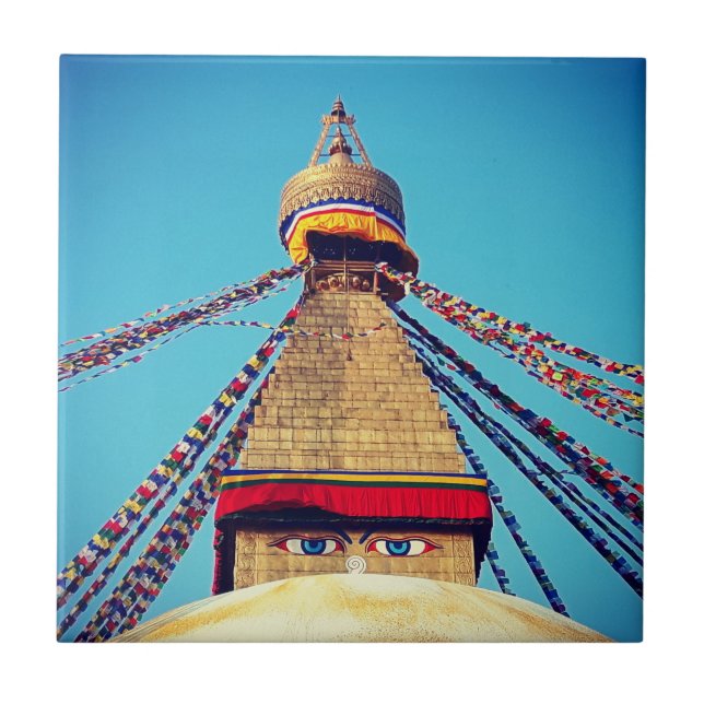 Boudhanath Stupa, Buddha Eyes, Kathmandu, Nepal Tile (Front)