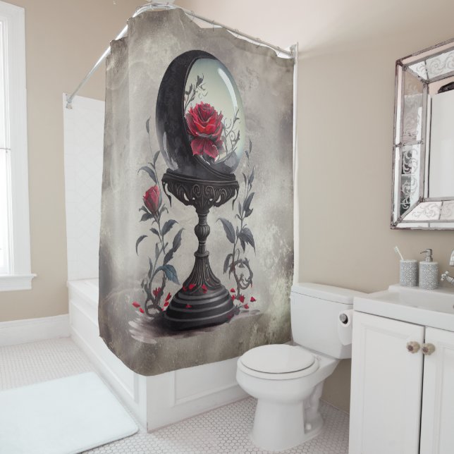 Boudoir | Crystal Ball Crescent Moon Red Roses Shower Curtain (In Situ)