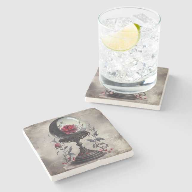 Boudoir | Crystal Ball Crescent Moon Red Roses Stone Coaster (Side)