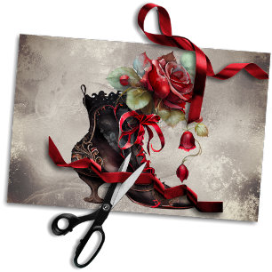 Boudoir Victorian Antique Red Rose Dress Booties Tissue Paper