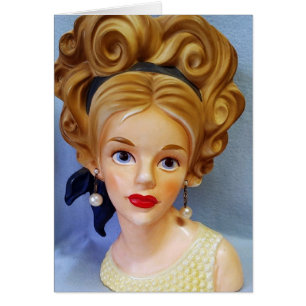 Bouffant Hair Lady Head Vase Big Blue Eyes Card
