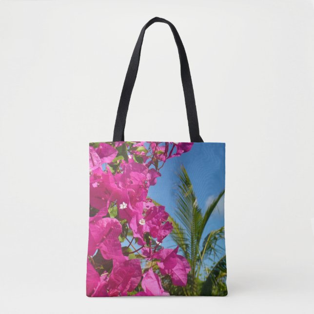 Bougainvillea and Palm Tree Tropical Nature Scene Tote Bag (Front)