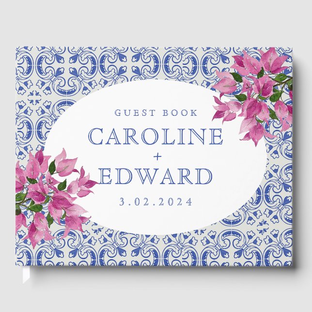 Bougainvillea Bluetile Mediterranean Wedding Guest Book (Front)
