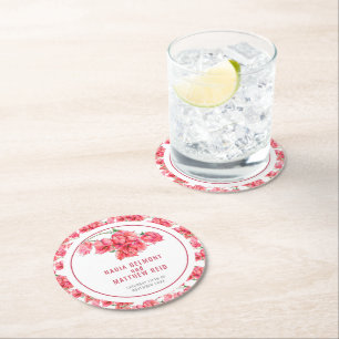 Bougainvillea botancial red watercolor wedding  round paper coaster