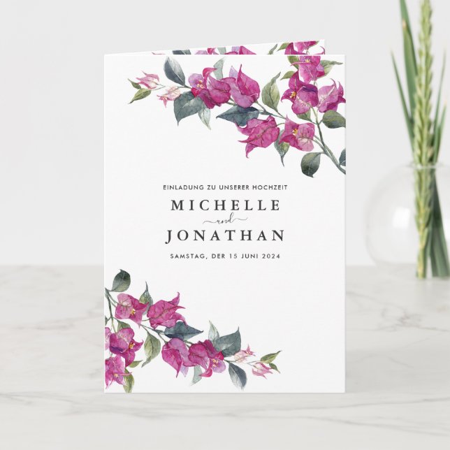 Bougainvillea Burgundy Floral German Wedding Invitation (Front)