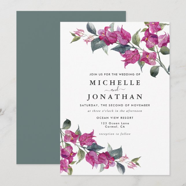 Bougainvillea Burgundy Pink Floral Wedding Invitation (Front/Back)