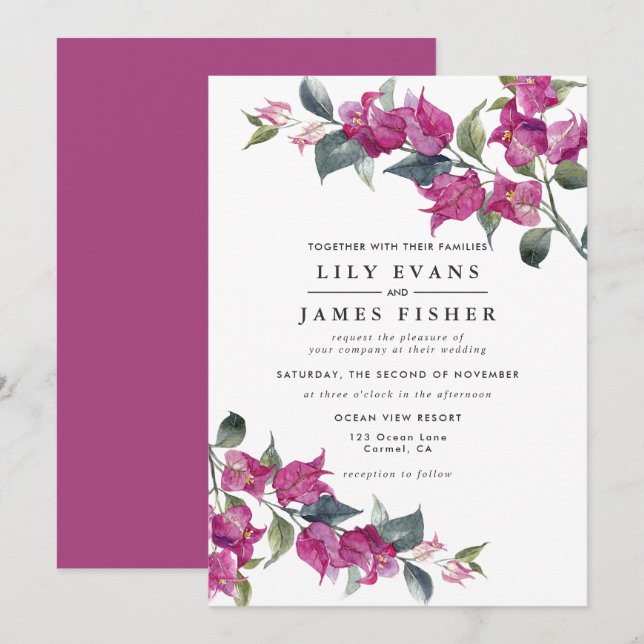 Bougainvillea Burgundy Pink Floral Wedding Invitation (Front/Back)