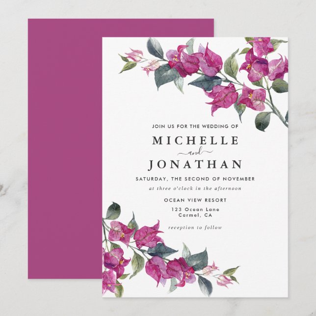 Bougainvillea Burgundy Pink Floral Wedding Invitation (Front/Back)