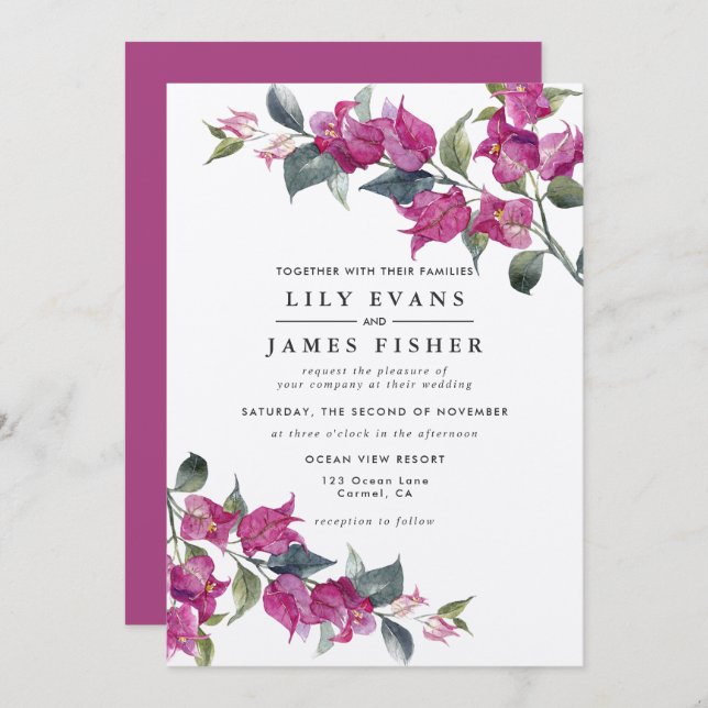 Bougainvillea Burgundy Pink Floral Wedding Invitation (Front/Back)