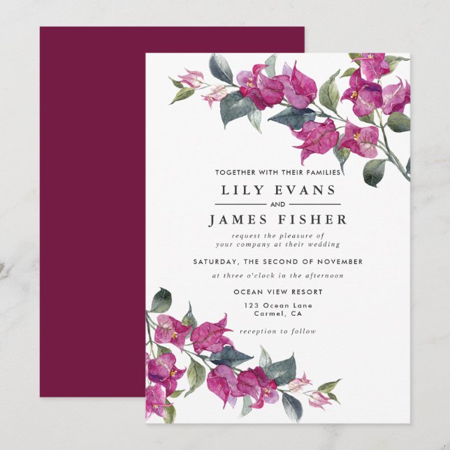 Bougainvillea Burgundy Pink Floral Wedding Invitation (Front/Back)